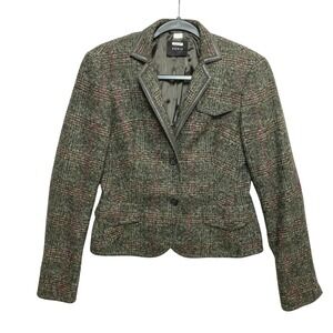 Akris Tweed Blazer Womens US 4 Green Plaid  Leather Trim Alpaca Jacket